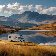 Motorhome by mountain lake with scenic landscape, travel and adventure in nature
