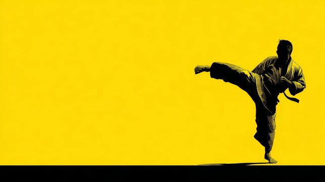 Martial artist practicing high kick silhouette on yellow background
