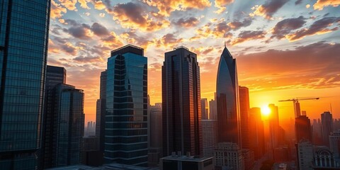 Golden hour sun dips below skyscrapers, painting city in fiery hues, skyscrapers, city