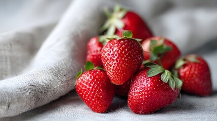 Fresh Vibrant Red Strawberries Piled on Rustic Linen Cloth Close-up