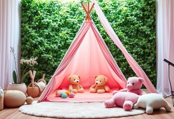 Pink teepee, soft lighting, plush toys, greenery backdrop, dreamy play space,  cozy,  cotton candy