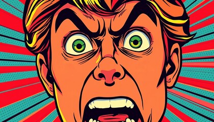 Retro comic book style image depicting a surprised, fearful face; vibrant colors, bold lines,  fear,  visual