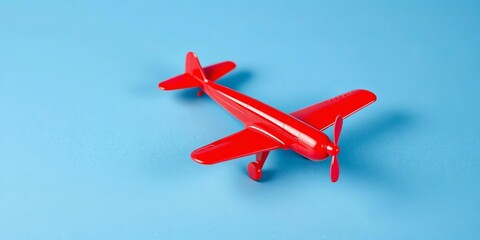 Red toy airplane on textured blue paper background, children, game