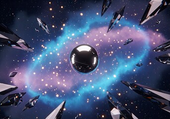 Luminous Cosmic Sphere and Geometric Crystals Floating in a Radiant Nebula with Sparkling Stardust. A Futuristic and Abstract Background Representing Technolog And Innovation
