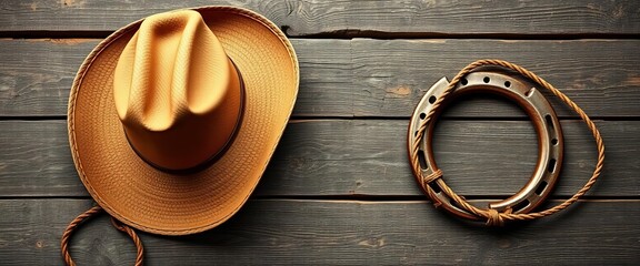 Rustic cowboy hat, lasso, horseshoe on weathered wood,   icon,  leather