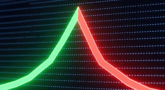 A financial chart showing a green line going up and a red line going down, representing market trends and economic fluctuations