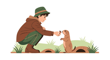 Man And Prairie Dog Sharing A Snack In Whimsical Nature Scene Illustration