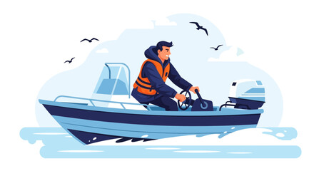 Man Drives Motorboat Wearing Life Vest On A Sunny Day At The Sea