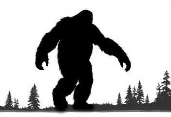 Silhouette of a large bipedal creature resembling Bigfoot or Yeti, isolated on white background, yeti, woods