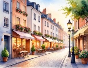Fototapeta premium Watercolor Style European Cityscape with Cobblestone Streets, Brick and Pastel-Colored Buildings, Charming Urban Scene for Art and Design