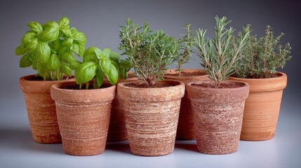 Fototapeta premium Five terracotta pots containing assorted potted herbs including basil rosemary and thyme