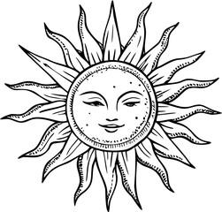 Hand-Drawn Bohemian Sun Vector, Rustic Celestial Line Art with Radiant Rays for Summer Design EPS