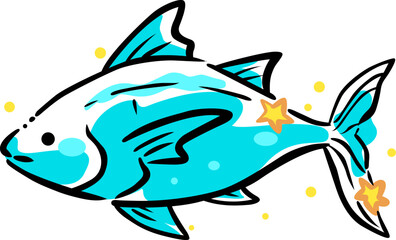 mackerel fish with star doodle illustration for summer holiday, sea life, nautical and ocean concept.
