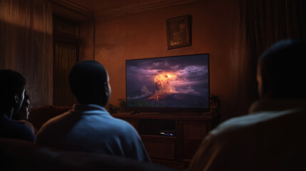 Family gathered in dimly lit living room watching dramatic live news of major volcanic eruption on TV