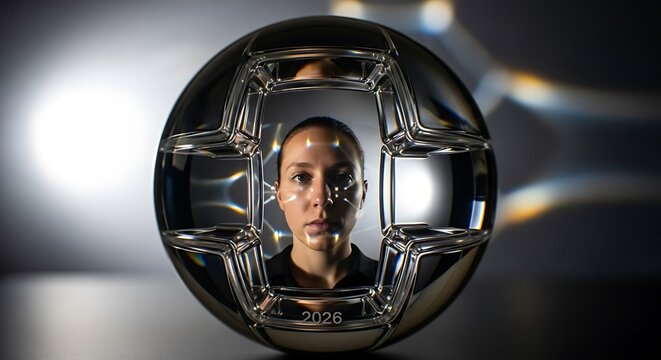 Close-up portrait of a female soccer player, her face reflected in a crystal soccer ball.