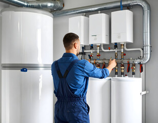 HVAC Technician Inspecting Plumbing System with Water Heaters and Tanks in a Commercial Setting