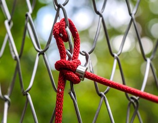 Red rope securely knotted to a galvanized chain-link fence backdrop with greenery