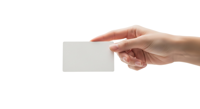 Female hand holding a blank white card isolated on transparent background