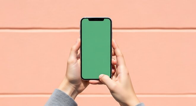 Hands holding a smartphone with a green screen against a peach-colored background - Powered by Adobe