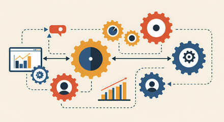 Obraz premium Unlocking Business Growth A Visual Representation of Business Intelligence and Process Optimization with Interconnected Gears and Data Analytics