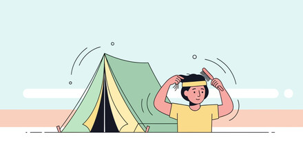 Morning Routine At Campsite Woman Comb Her Hair In Front Of Tent