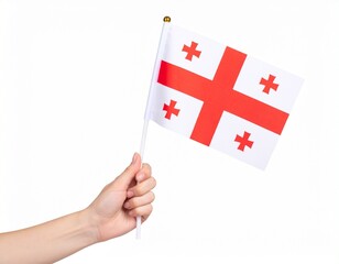 Georgia National Flag with White Field, Central Red Cross, Four Corner Crosses, Held on White Pole with Gold Tip
