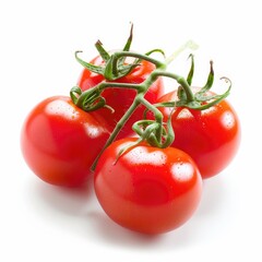 Close-up of four fresh, ripe cherry tomatoes on a stem