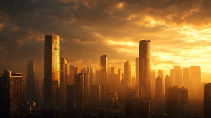 Golden skyscraper glowing at sunset over modern city skyline, symbolizing luxury, success, business growth, architecture, and urban lifestyle, perfect for real estate and corporate concepts.