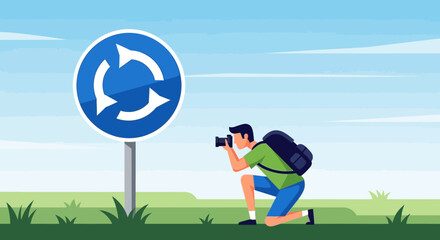 Photographer Capturing a Roundabout Sign on a Road Trip Adventure Illustration