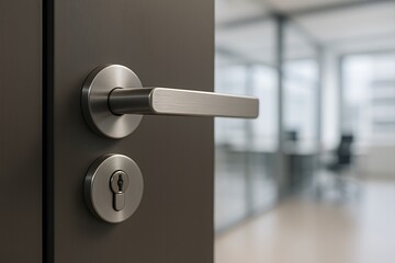 Naklejka premium Sleek door ajar with steel handle leading to bright blurred office creates openness and possibility.