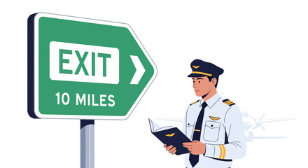 Pilot Studying Near Exit Sign Preparing For Flight Departure Regulations