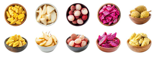 Collection of Sliced fruit in bowl front view isolate on transparency background