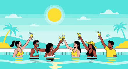 Poolside Party Friends Enjoying Refreshments On Sunny Vacation Getaway