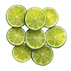 Fresh lime slices arranged neatly, isolated on transparent background.
