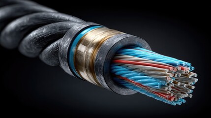 Close-up of a complex, dark cable's intricate inner structure