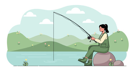 Relaxing Day In Nature Woman Fishing On The Lake In The Background