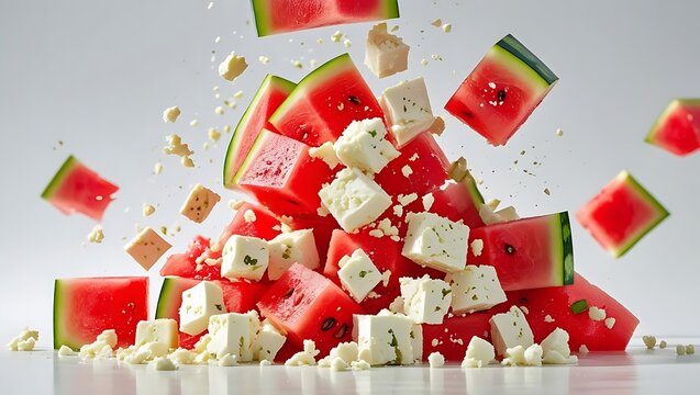 Dynamic explosion of fresh watermelon cubes and crumbled feta cheese, a refreshing summer salad concept.