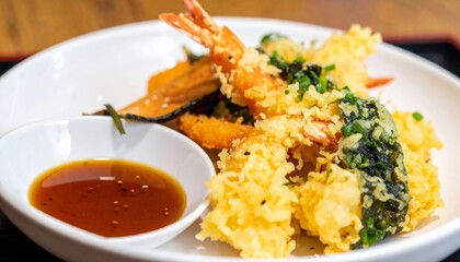 Closeup Of Japanese Tempura Dish With Shrimp, Crab, And Sweet Potato Served With Ponzu Sauce. 