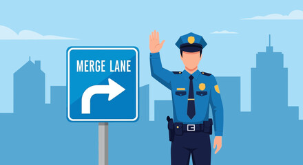 Road Safety Guidance Policeman Near Merge Sign Ensuring Traffic Compliance