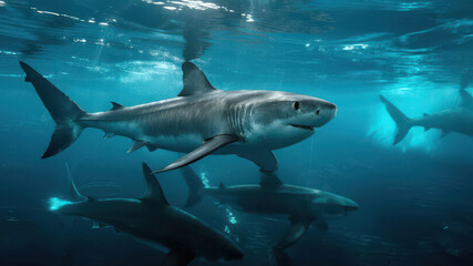 Obraz premium Great White Sharks Swimming Underwater in a Group