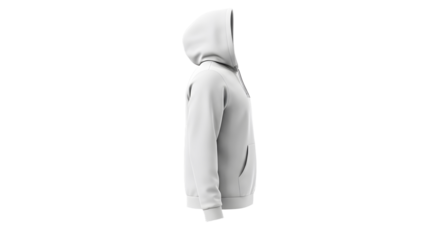 Side view of a white hooded sweatshirt with a kangaroo pocket and drawstrings.