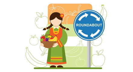 Fototapeta premium Roundabout Fruit Garden Girl, Healthy Eating and Safety Traffic Concept