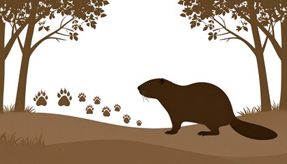 Silhouette of a beaver with paw prints in a woodland setting.