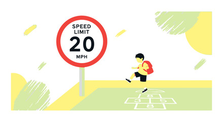 Safe Play Area With Speed Limit Sign Near School Zone Illustration