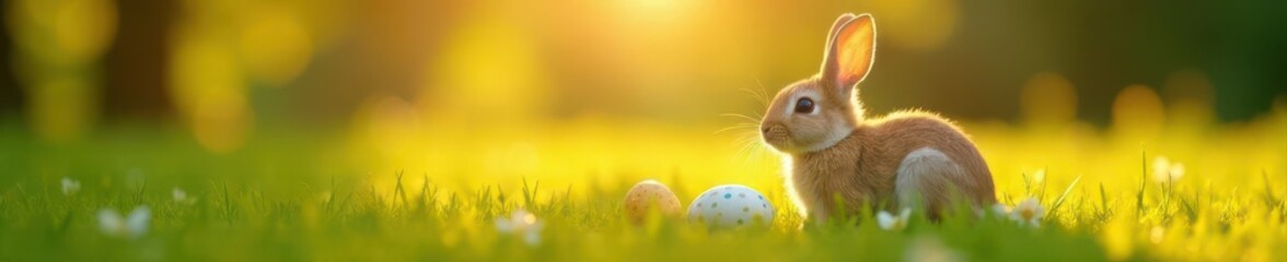 Fototapeta premium Golden hour light bathes bunny, speckled eggs scattered on dew-kissed grass , celebration, holiday