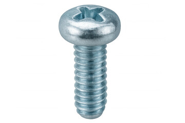 Close-up of a single metal screw, isolated on a transparent background, highlighting its threads and head design