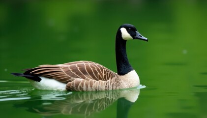 Fototapeta premium Majestic Canada goose afloat, green lake background, wild, nature background