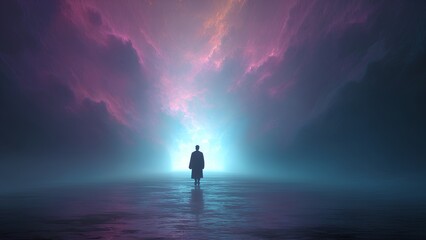 Obraz premium Man Walking Into Light Portal – Surreal Dreamscape Digital Art