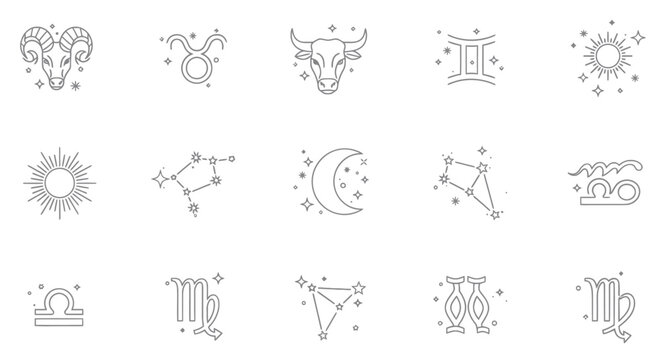 Explore mystic zodiac signs: Black & white astrology icons perfect for celestial designs, horoscopes, and magical branding projects, adding a cosmic touch