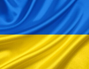 Ukraine National Flag with Blue and Yellow Horizontal Stripes Representing Sky and Wheat Fields on Fabric with Folds